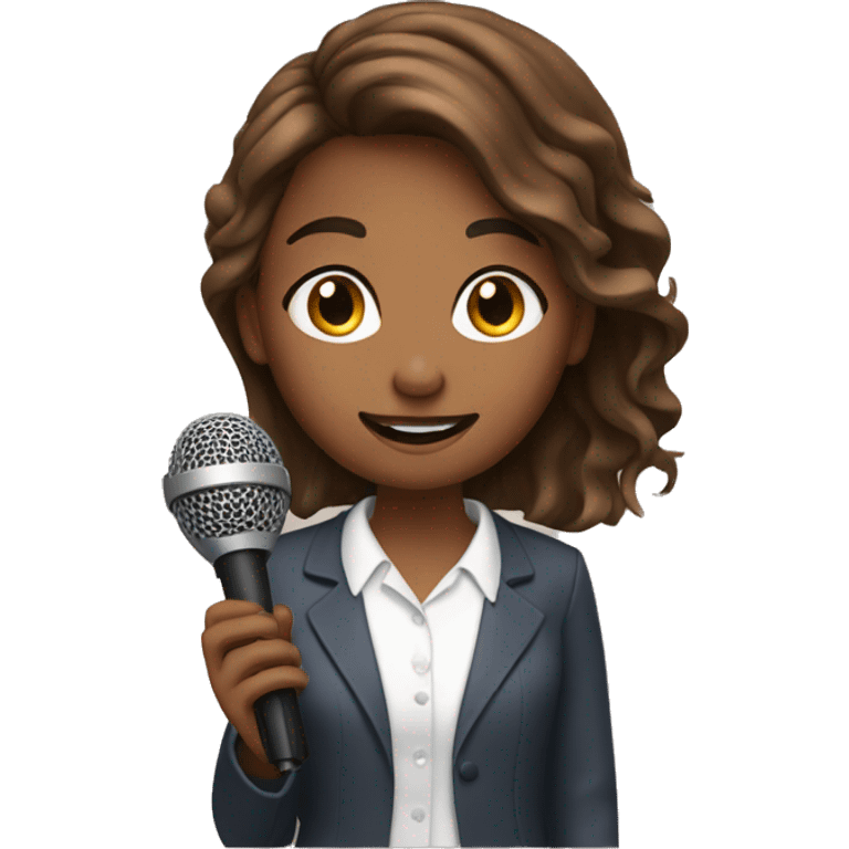 A girl with brown hairs speaking podcast microphone  emoji