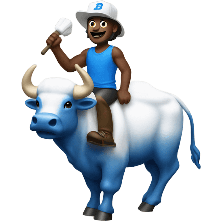 Guy riding buffalo wearing blue and white foam finger emoji