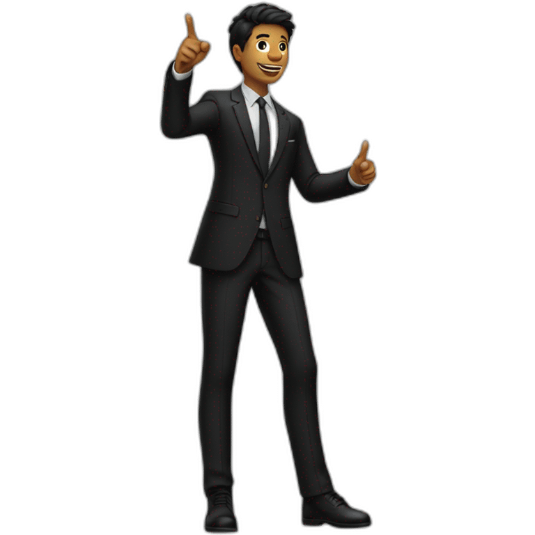 Full length young man in black suit pointing finger up emoji