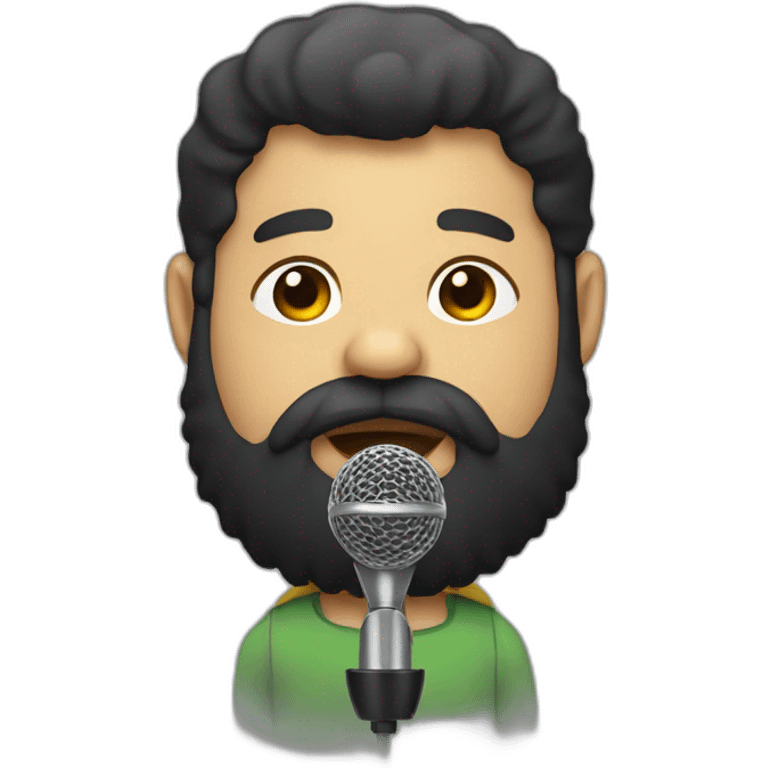 A pudgy man with a black beard and thick hair and a microphone emoji