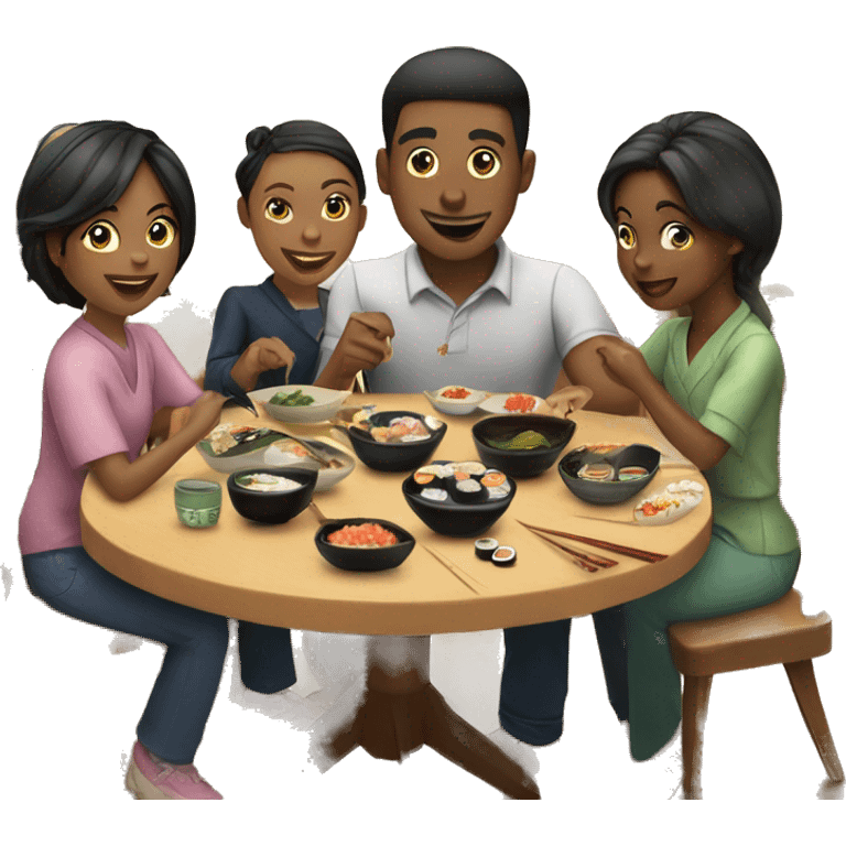 Amerikan family of 7 members eating sushi at kitchen table emoji