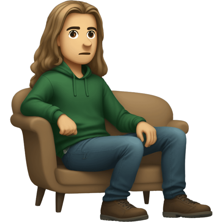 a web developer with long hair and a dark green sweatshirt sitting in a pose where the hand is on the knee forward and the second leg is under the booty , light-colored sofa , brown hair emoji