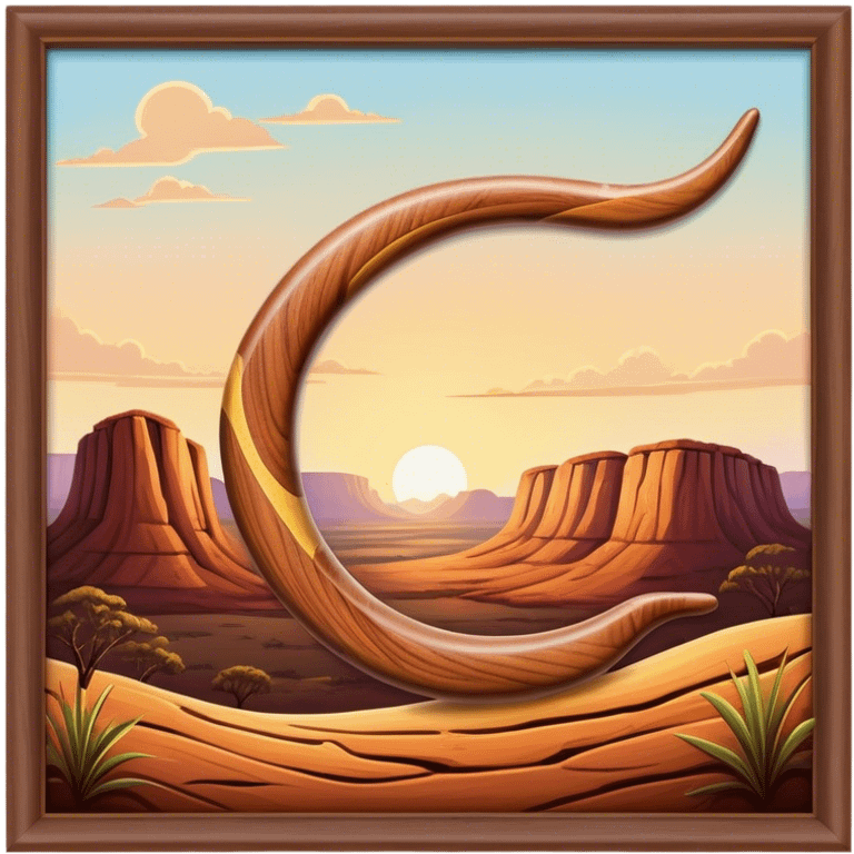 Cinematic Realistic image of a classic boomerang, rendered with detailed wood grain textures and vibrant colors, set against a sunlit outback landscape that emphasizes its iconic Australian heritage emoji