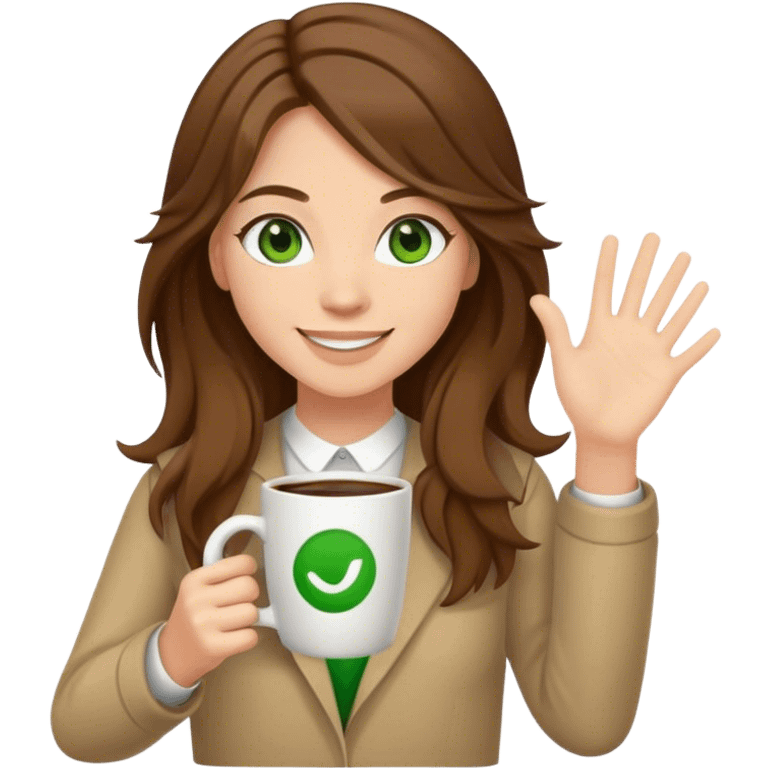 Full body, Long, Brown haired girl with middle hair part, with green eyes, smiling, waving with one hand, coffee mug in the other emoji