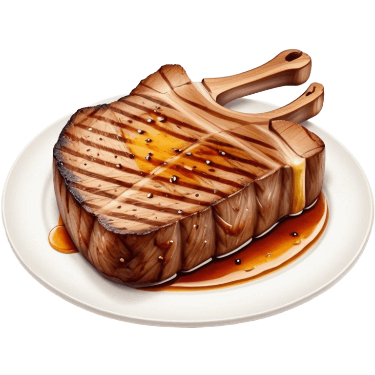 Cinematic thick-cut scotch t-bone steak, perfectly seared with grill marks, a grilled center, rich and savory, warm glow, sizzling and mouthwatering, highly detailed and appetizing. emoji