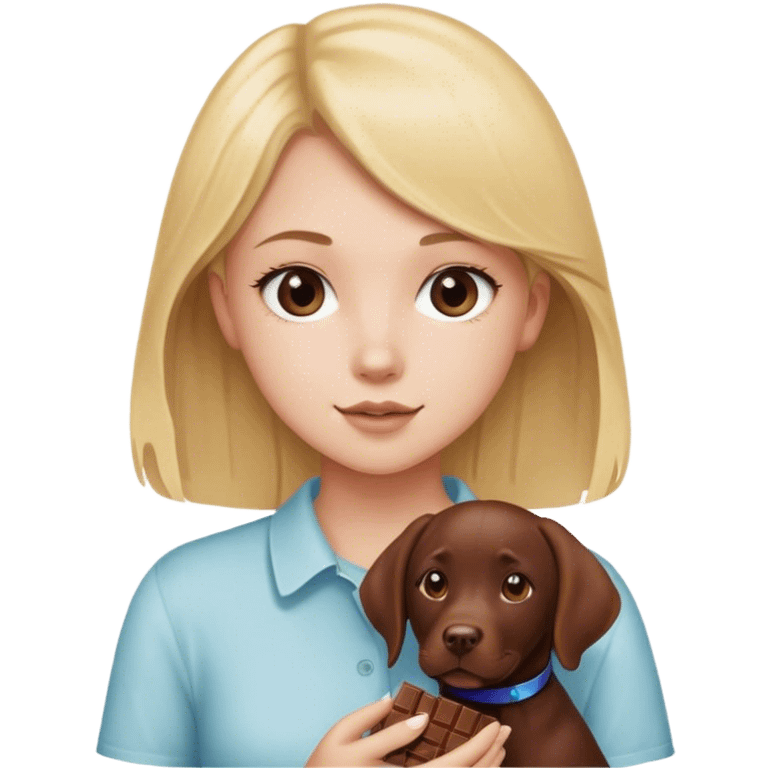 A blonde teen girl holding a chocolate lab emoji