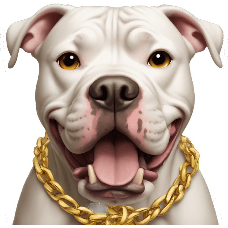 A dog pitbull with a aggressive face and wearing big gold chain on that says G emoji