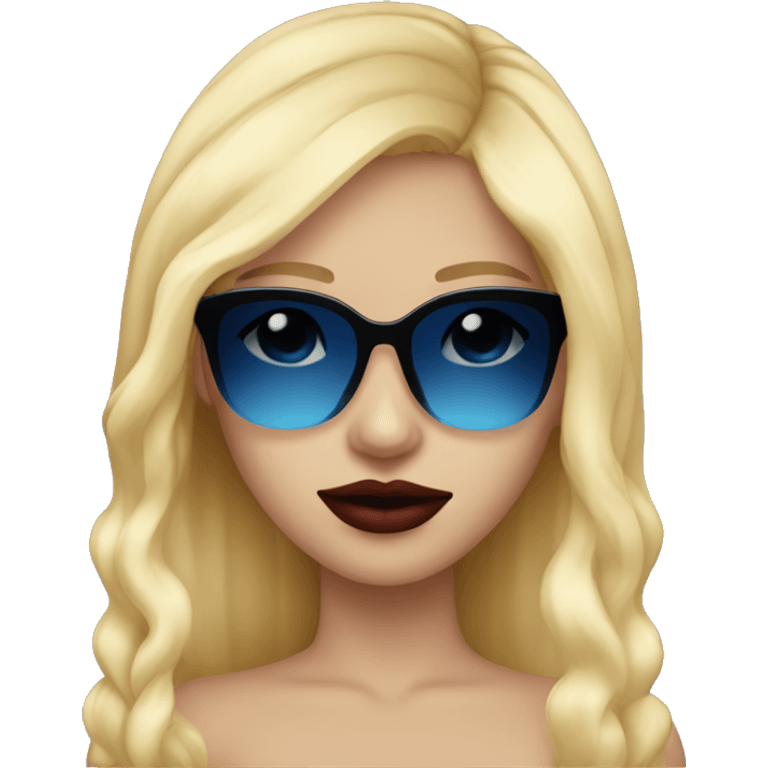 girl long blonde hair blue eyes black sunglasses that cover her eyes and cherry lipstick emoji