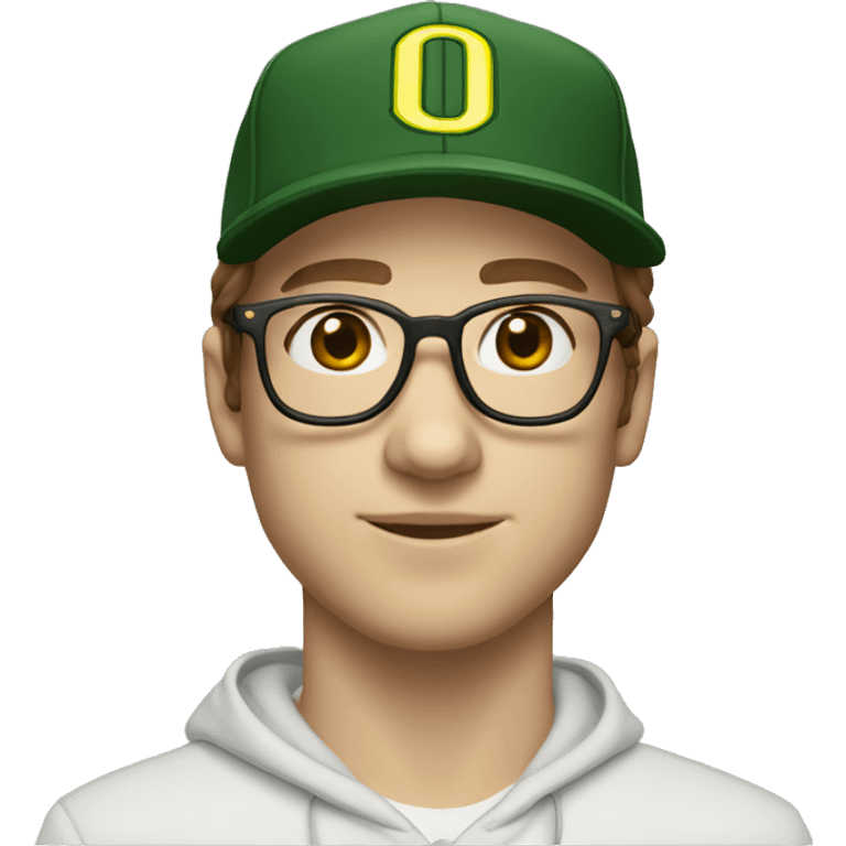 jeremy allen white with brown hair, glasses, and a university of Oregon baseball hat, and a hoodie, and light complexion  emoji