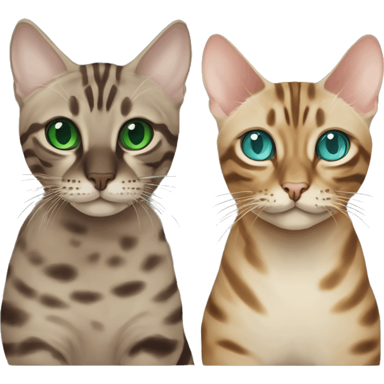 Seal Bengal cat with Blue eyes + charcoal Sepia bengal cat with Green eyes sit Next to each other  emoji