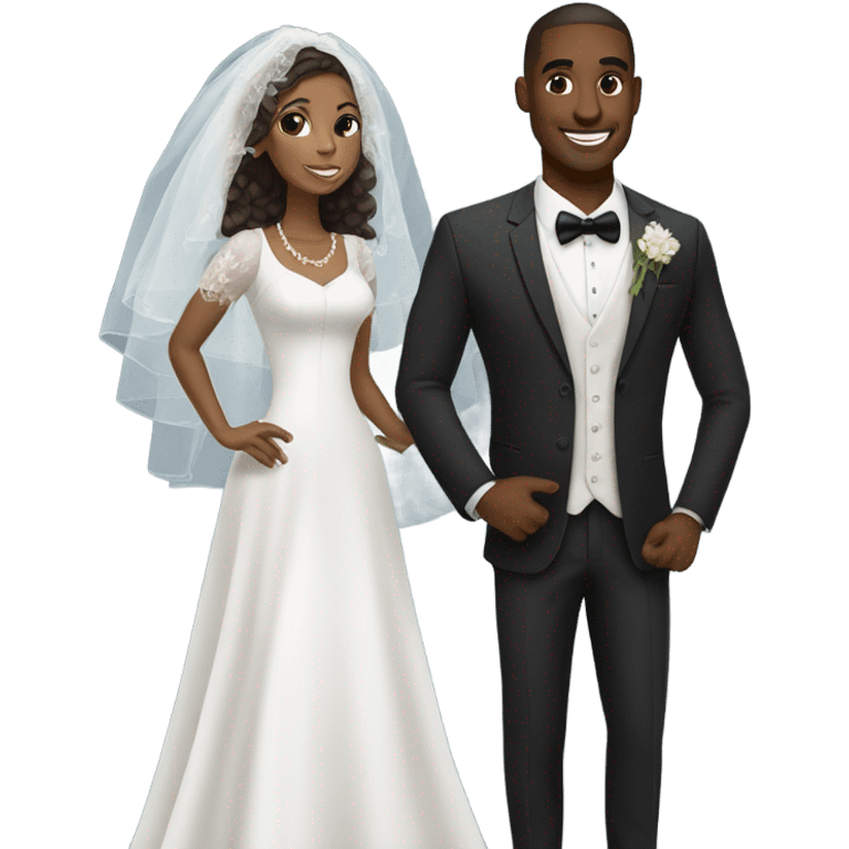 African-American groom with goat tee and white brunette wife emoji