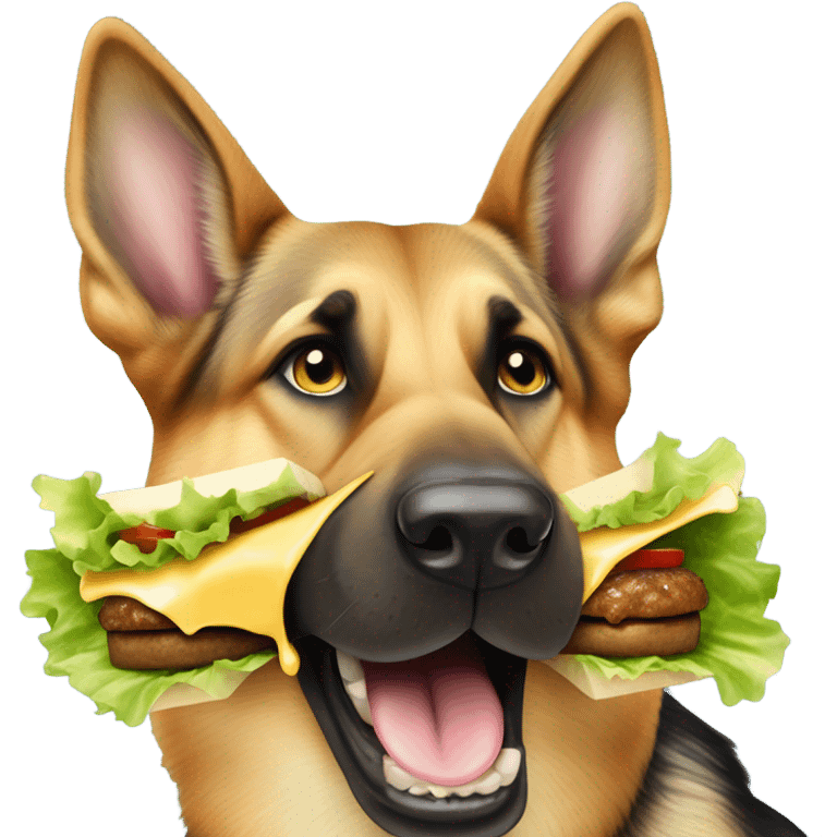 German shepherd eating a cheeseburger emoji