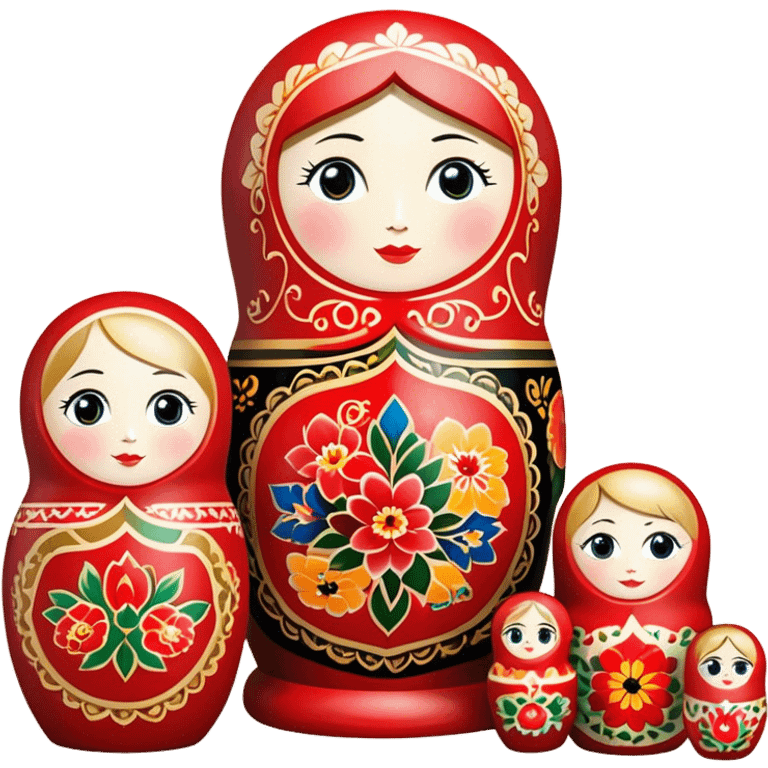 Wood painting icon, painted wooden matryoshkas (nesting dolls) of various sizes, vase, small wooden box, visible carving tools, paintbrushes, traditional patterns in bright colors like red, gold, and black, no finished artwork, just the crafting process, minimalistic style, clean lines, transparent background. emoji