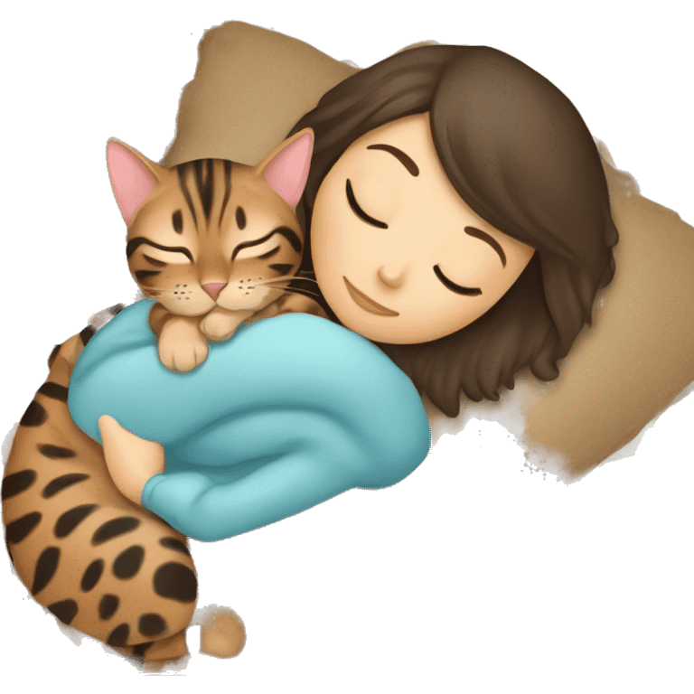 brunette girl sleeping with bengal cat emoji