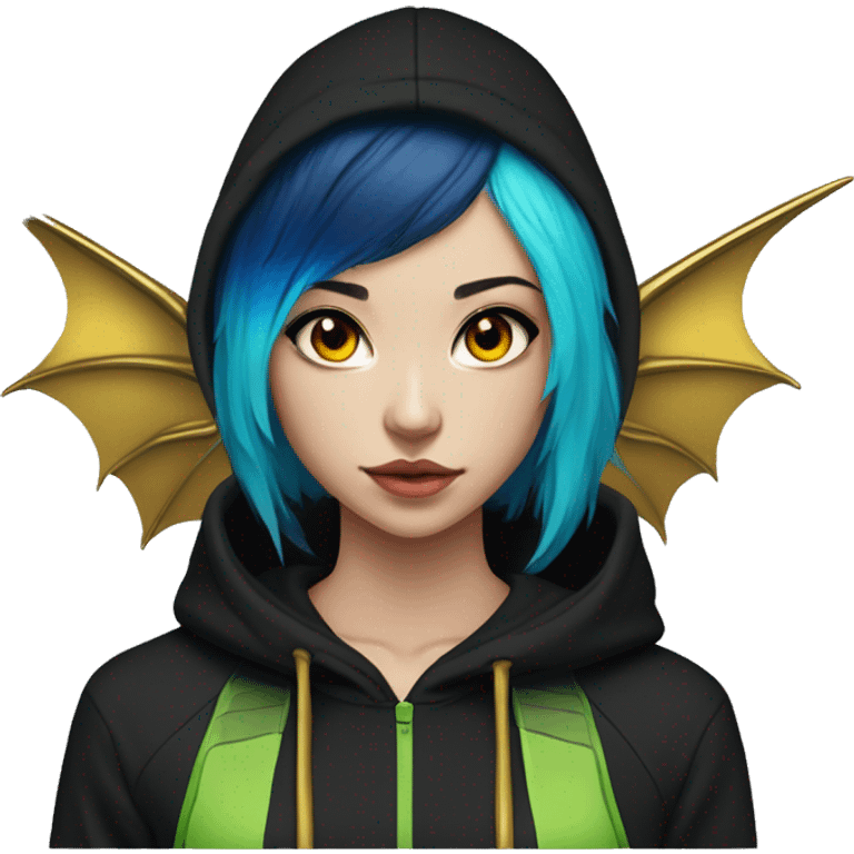 Lady with brunette and iridescent blue hair, gold, lime green dragon wings, black hoodie, bleach dyed, black and gold Nike t shirt, and bright red eyes emoji