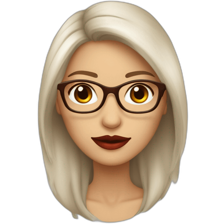 Mujer de piel blanca con labios rojos , cabello largo color castaño con rulos solo en las puntas, anteojos de vista y ojos color marron con lentes emoji