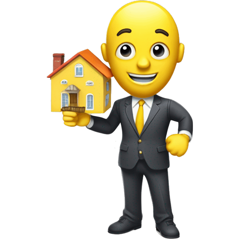  A ISOMETRIC VECTOR 3D cartoon character with a yellow body is holding a house-shaped sign that reads 'FUCCI' . The character is wearing a  suit, white shirt, and tie,  The character has an smiling emoji face and is giving a thumbs-up with their right arm emoji