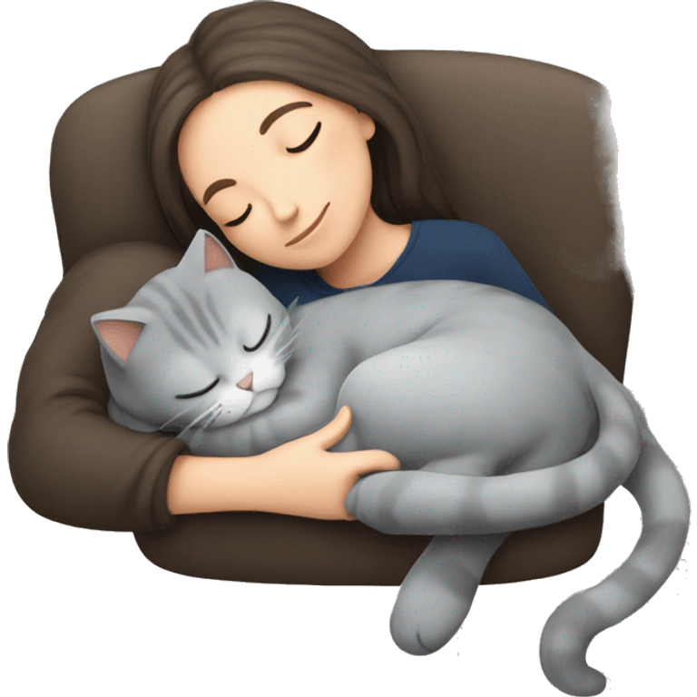 Grey kitty sleeping on brunette white girl's lap emoji