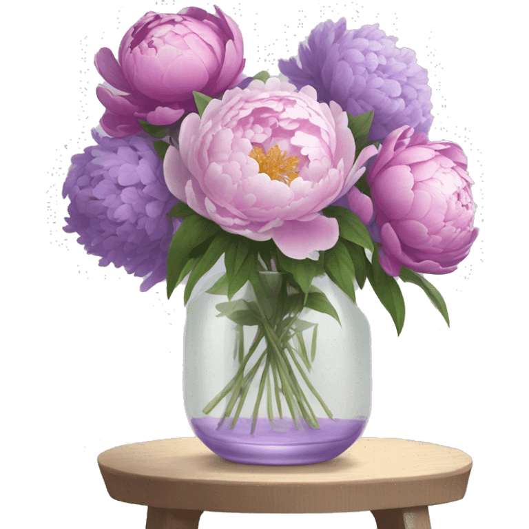 Peonies and lilacs in a clear vase  emoji