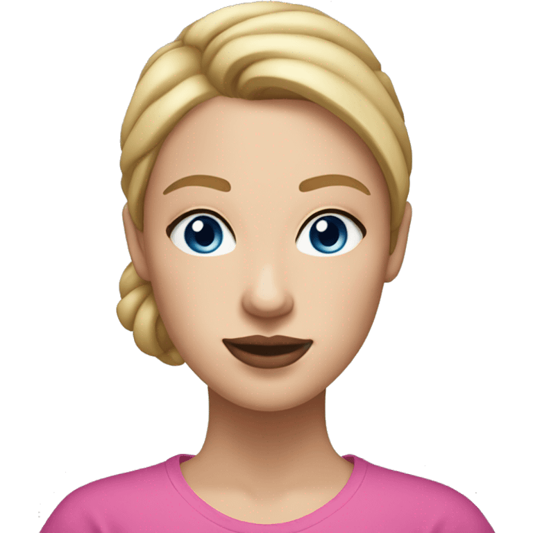 a woman with freckles, blue eyes, light skin, blonde straight hair with a bun, pink lips. black shirt. emoji