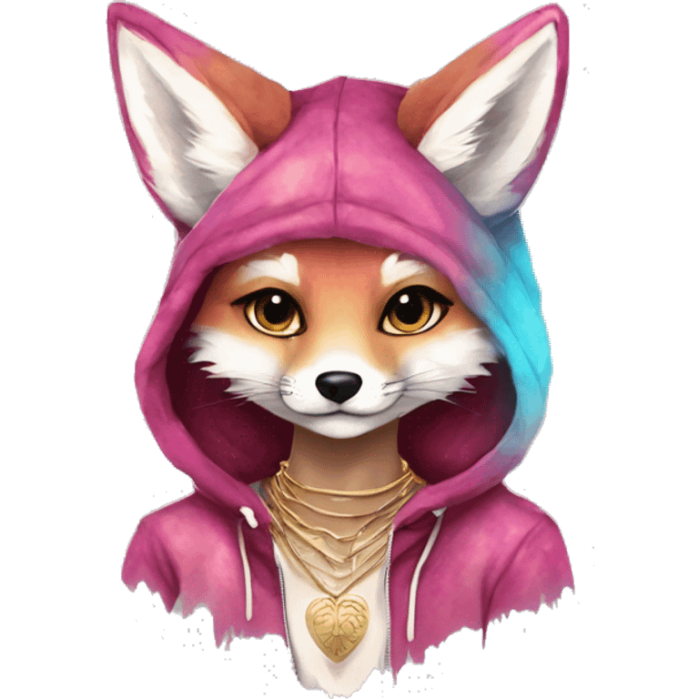 Pink magenta burgundy maroon cyan beige gray fox wearing a pink hoodie with gold jewellery gold piercings gold ear piercing gold nose piercing vintage watercolour tie dye black raven wings emoji