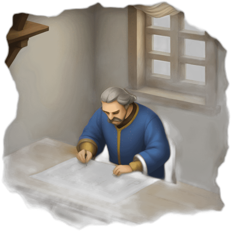 medieval architect working, overseeing a floor plan laid out on a piece of paper emoji