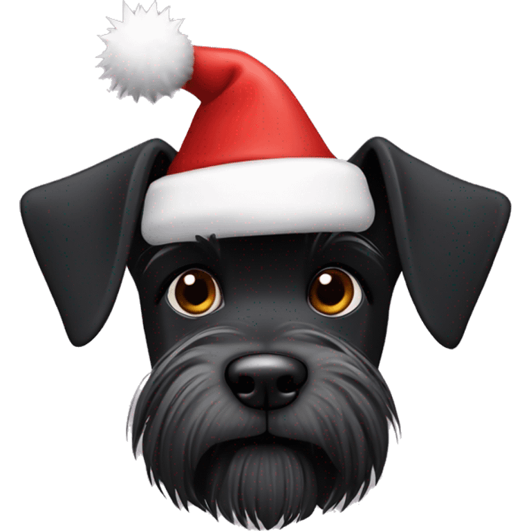 Black miniature schnauzer with spiky hair wearing a Santa hat emoji