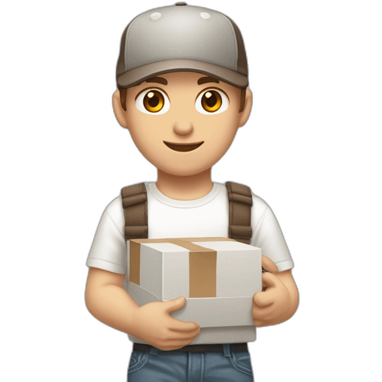 Pale skinned fit Man with dark brown hair in a light gray cap, dark brown jeans, brown polo and white T-shirt keeping a pasted with tape white box into his hands emoji