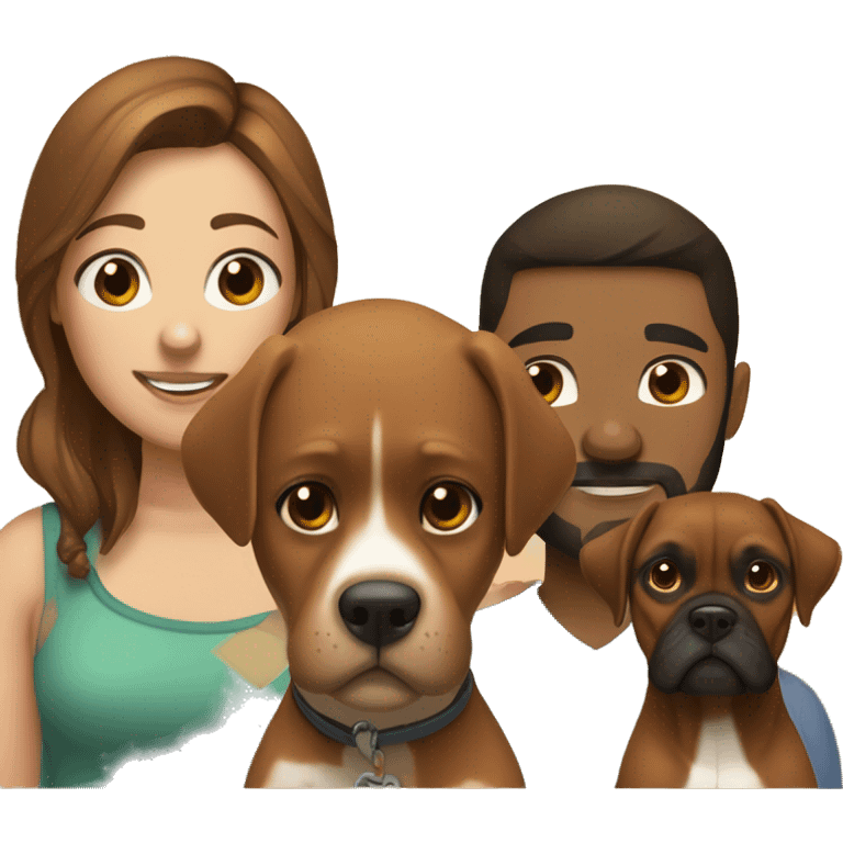 a girl with brown hair, a man with short buzz brown hair with a beard, sitting, with two brown boxer dogs emoji