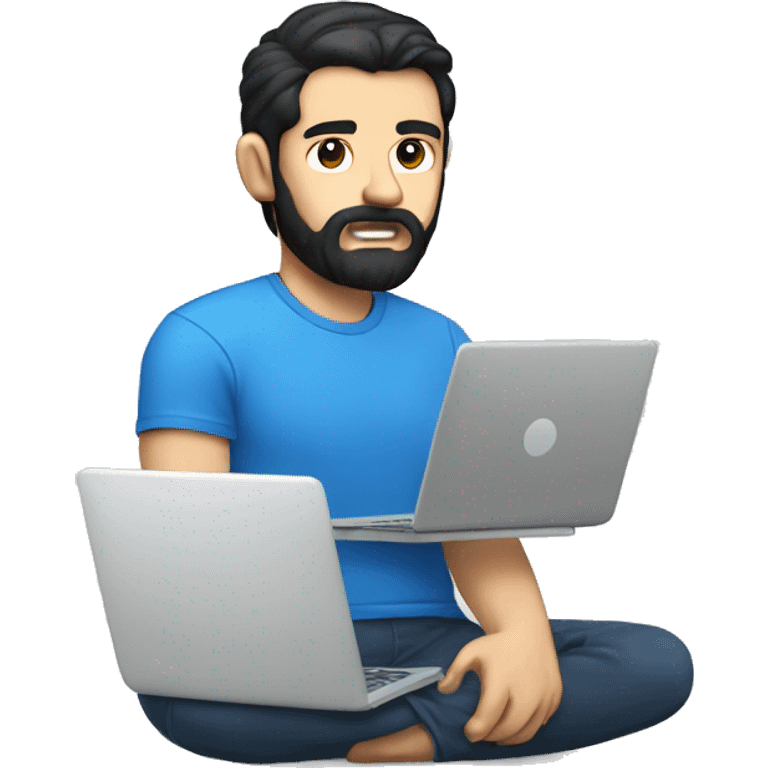 white guy with beard black hair thin face typing in laptop wearing blue t-shirt emoji