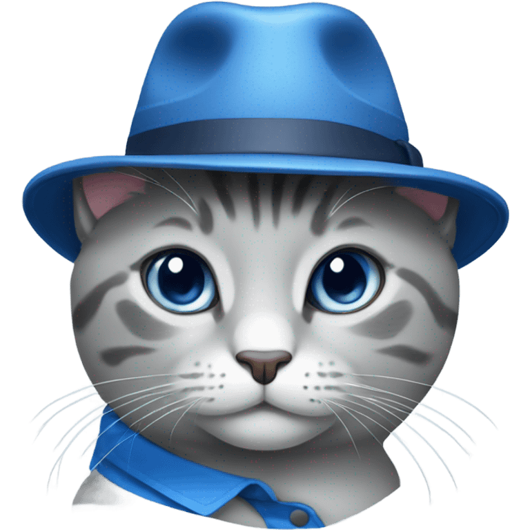 A gray cat wearing a blue polo and a white fedora emoji