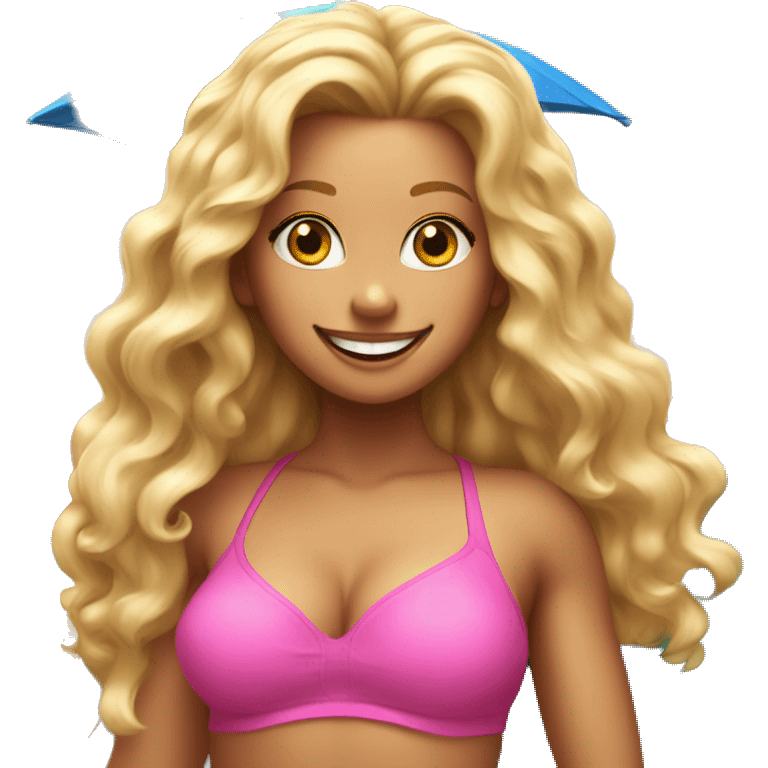 girl in pink bikini with super big blonde hair with surfboard in the background smiling emoji