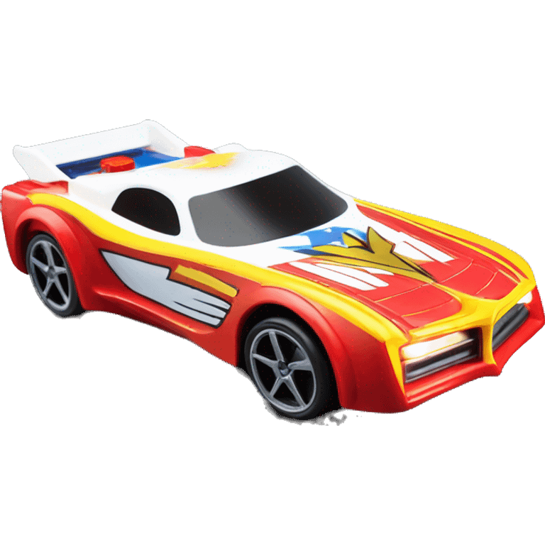 Side view Wonder Woman’s Supercar hot wheels rc car with large bright headlights at night emoji