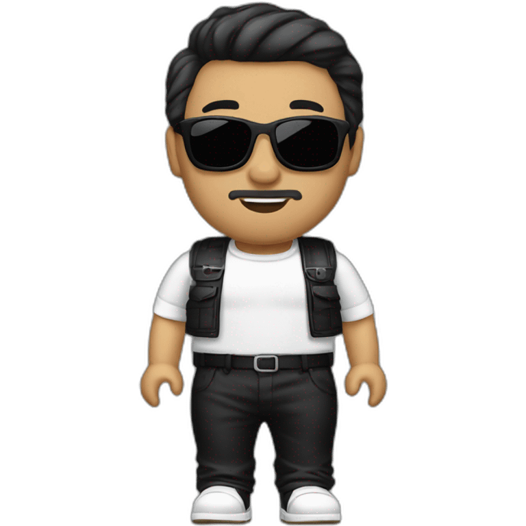 Man a 27 years , white skin , with black  sunglasses , black high neck , brawn vest , black pantaloon, brawn shoes with black watch  emoji