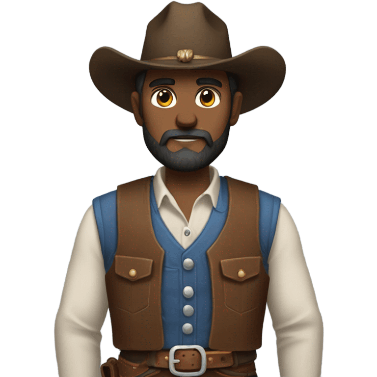 a rugged cowboy with a thick beard, wearing a blue vest over a classic western shirt and a brown belt with a silver buckle. He should have a confident stance, showing full torso emoji