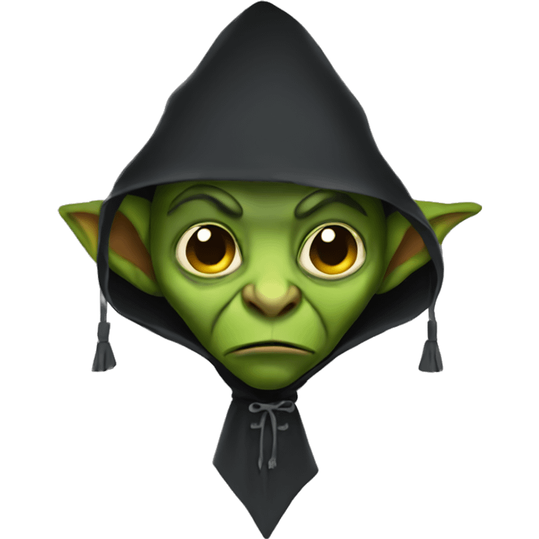 Goblin head, wearing a dark cape, hood,  front view,  emoji