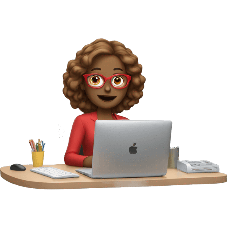  woman waving in front of computer, light brown hair up, red glasses emoji