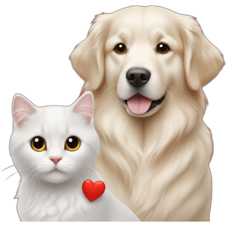 A Golden retriever, a white cat, and a gray cat in a red heart emoji