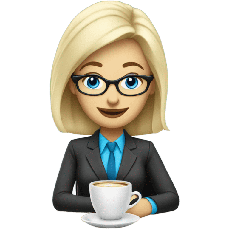 Corporate blonde boss lady with glasses happy blue eyes sitting at a desk drinking coffee  emoji