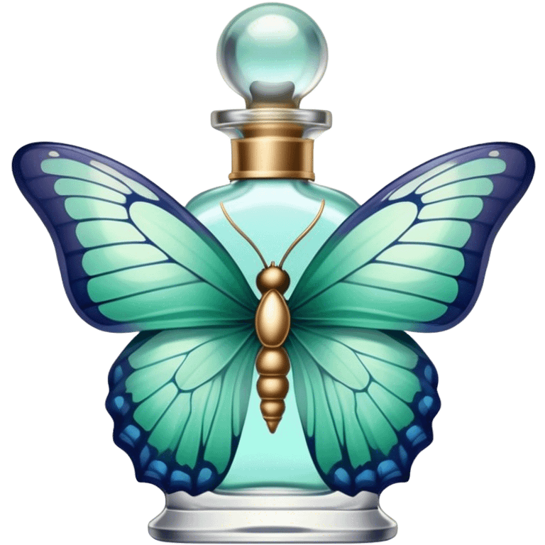 A delicate butterfly with pastel green and blue wings resting on a vintage glass perfume bottle with golden details. emoji