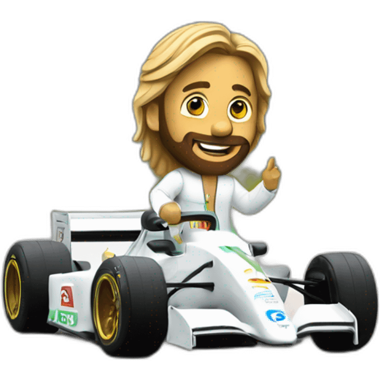 rio jesus statue driving f1 car holding a yorkie emoji