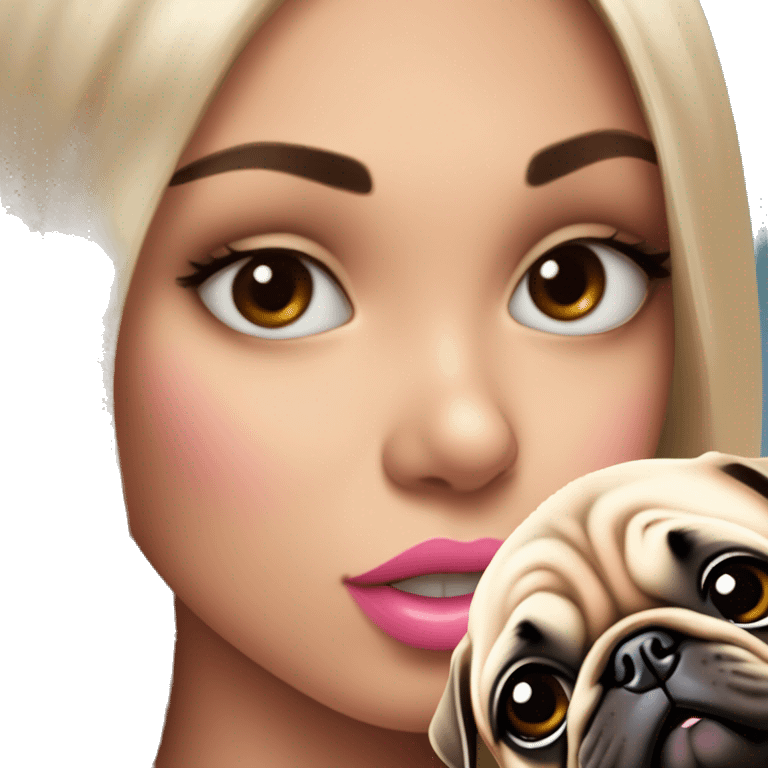 A young girl with long lashes pink lips morena clara kissing her small pug emoji