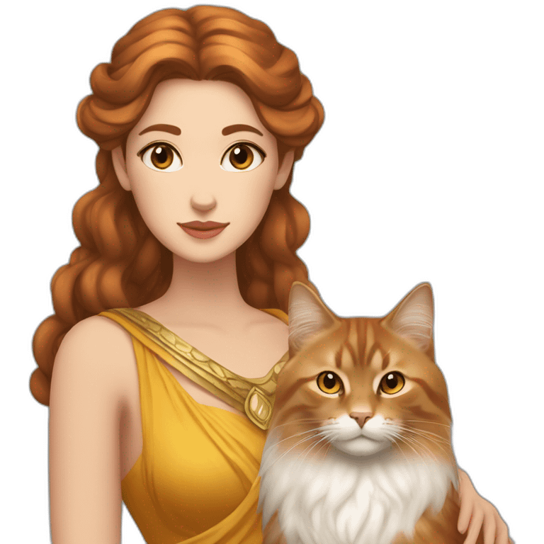 Goddess Hera with brown hair and a small ginger Siberian cat emoji