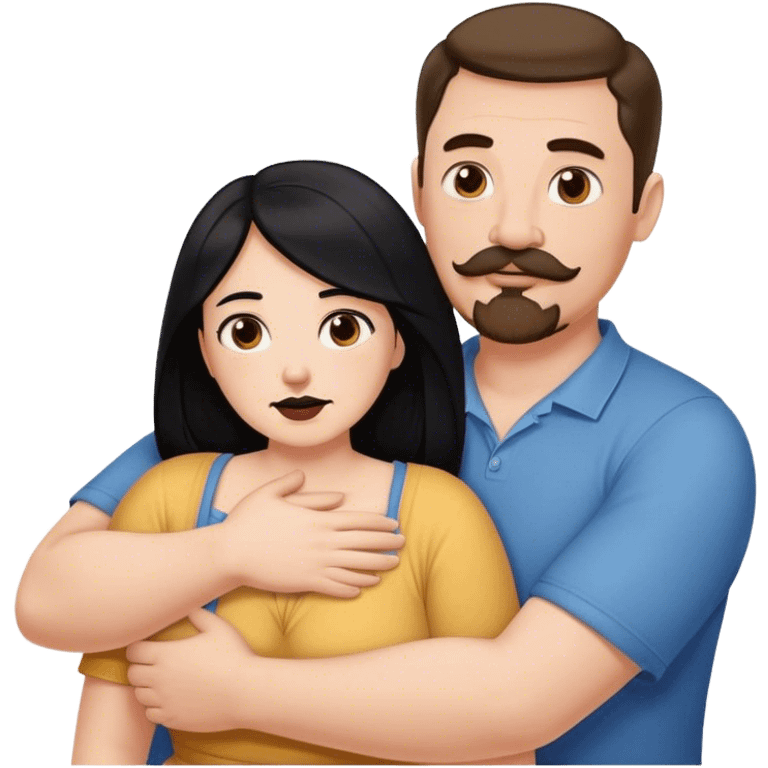 Couple, Tall strong white man with brown mustache goatee hugging a chubby short pale woman with long black hair emoji