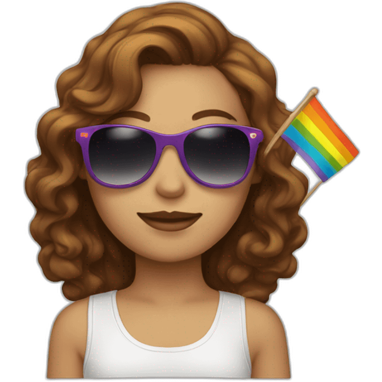 female with brown wavy hair rainbow flag and sunglasses  emoji