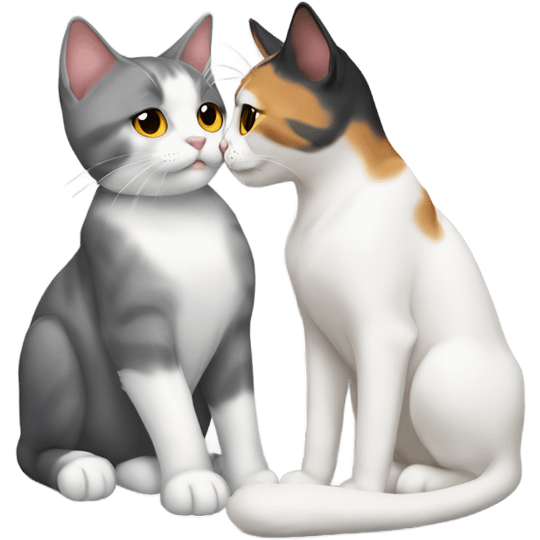 female diluted calico cat kissing male grey and white cat emoji