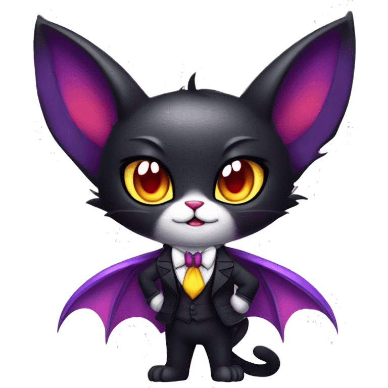 Cute-Edgy-Vampiric-Batty-Cat-Black-Purple-Red-Yellow-Contrast-Colors-Fantasy-Fur-Sona-Chibi-Shiny-Fakémon-Hybrid with horns and big fangs neck bow white tie leg spats full body emoji