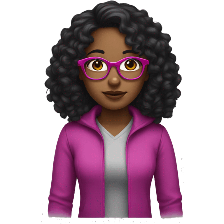 Girl with long curly black hair and brown skin and dark brown eyes and fuchsia glasses  emoji