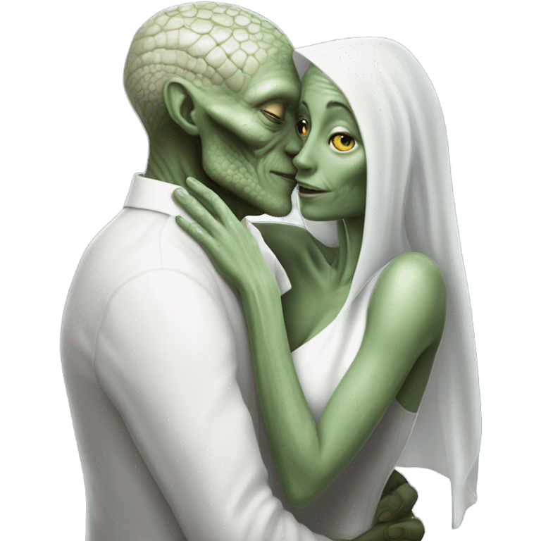 Alien reptilian woman in white dress hugs and kissing "white male human man" emoji