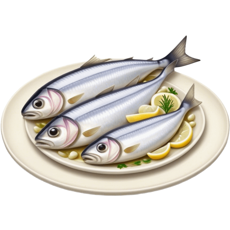 Cinematic Realistic Herring Dish Emoji, showcasing a traditional preparation of fresh herring with onions rendered with lifelike detail and cool, crisp lighting. emoji